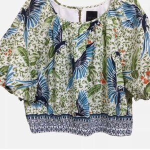Alex Marie Women Size XL Puff Sleeve Boho Top Blouse Birds Under the Palms